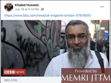 Online bejegyzés a brit szélsőséges Anjem Choudaryról a MEMRI jelentéséből.